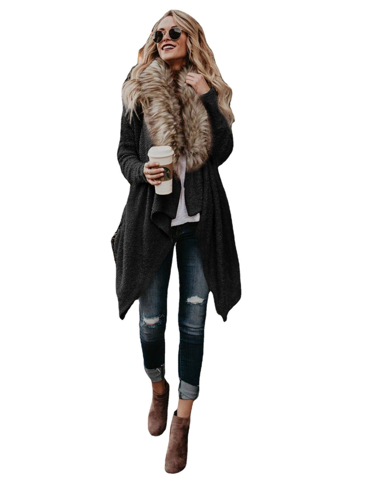 Damen Strickmantel mit kuscheligem Kunstfellkragen und asymmetrischem Schnitt EB