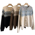 Damen Grobstrick Cardigan mit geometrischem Fair-Isle-Muster und eleganter Knopfleiste EB