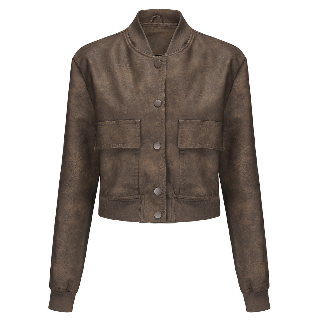 Damen Kunstleder Bomberjacke mit praktischen Taschen und elastischen Bündchen EB