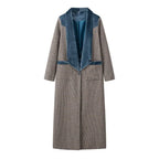 Damen eleganter längerer Blazer mit feinem Karomuster und flauschigem Kragen EB