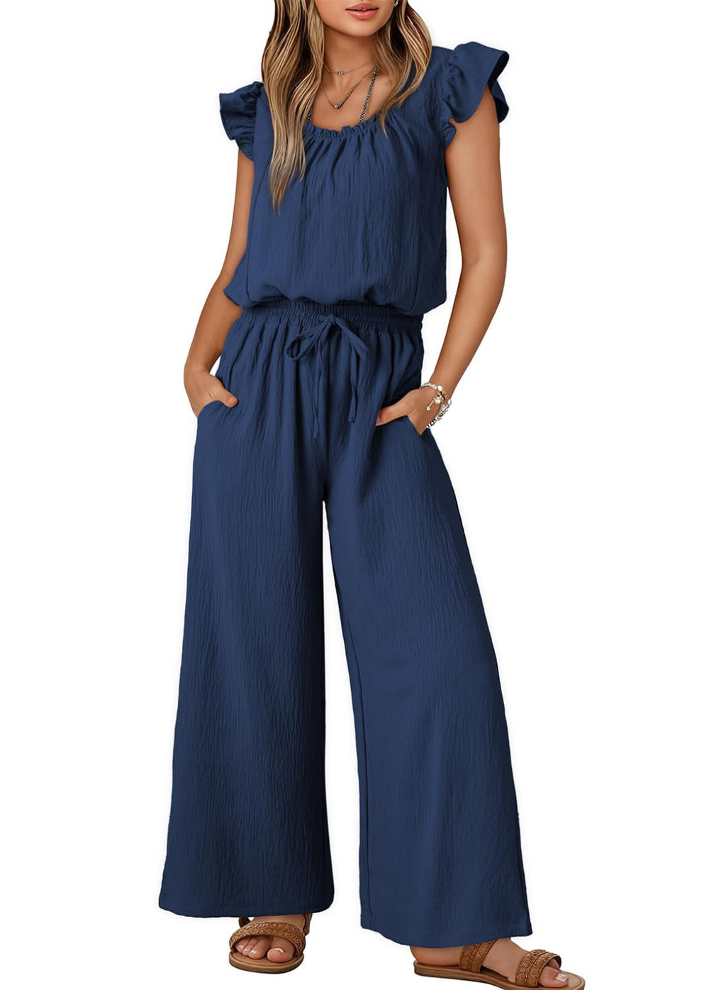 Damen-Crinkle-Jumpsuit mit weitem Bein, elastischem Bund und gerüschten Ärmeln