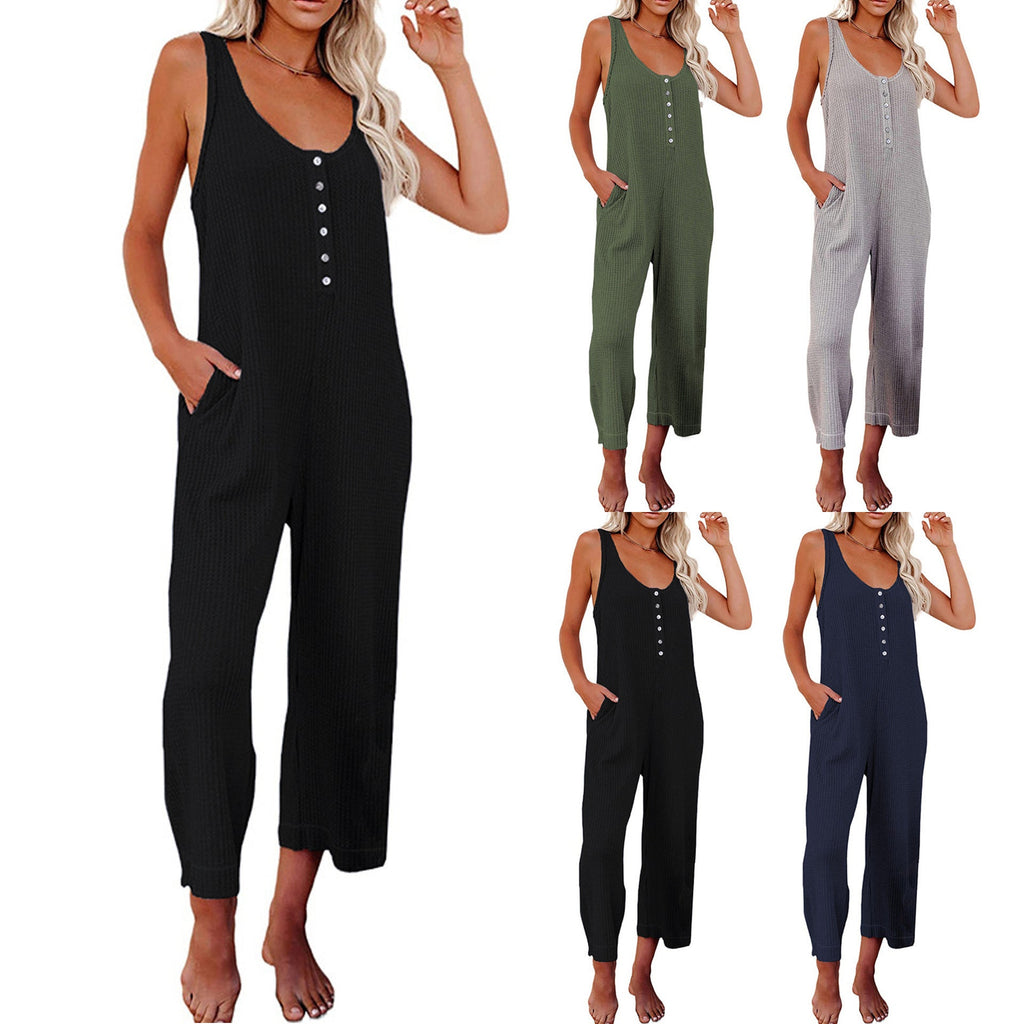 Damen Komfortabler Jersey-Jumpsuit mit Knopfdetails und Taschen EB