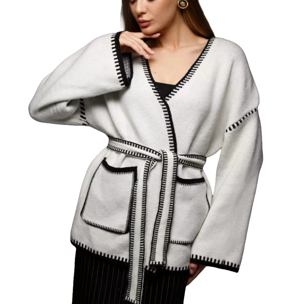 Damen Komfortabler Strickmantel mit Gürtel und praktischen Taschen EB