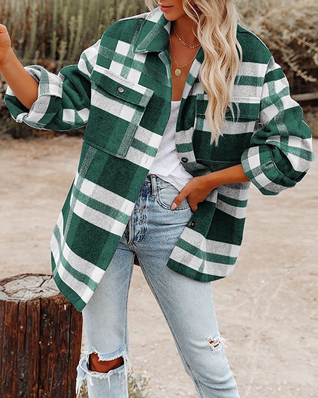 Damen Flanell Overshirt mit kariertem Muster und praktischen Brusttaschen EB