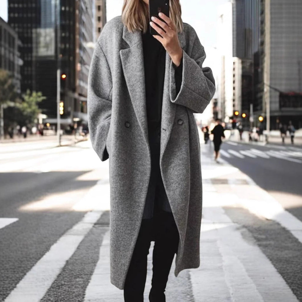 Damen Oversized Wollmantel mit doppelt-knöpfigem Design und lässigem Schnitt EB