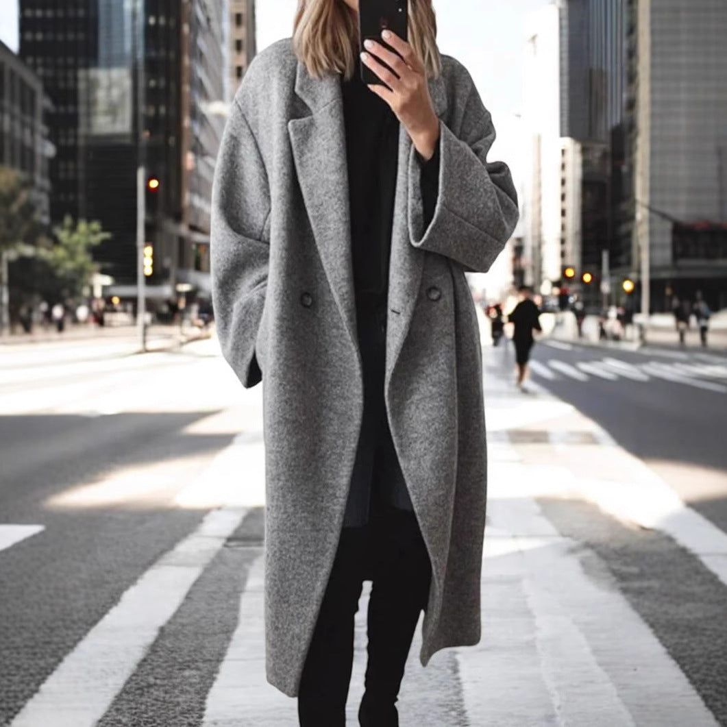 Damen Oversized Wollmantel mit doppelt-knöpfigem Design und lässigem Schnitt EB