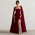 Damen Elegantes Maxikleid mit abnehmbarem Cape und seitlichem Schlitz EB