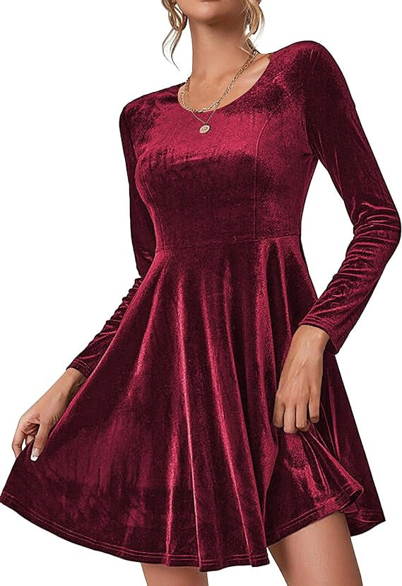 Damen A-Linien Kleid aus samtiger Qualität mit langen Ärmeln und Rundhalsausschnitt EB