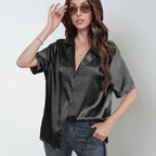 Damen kurzärmelige Bluse mit elegantem Knoten und glänzender Satin-Optik EB