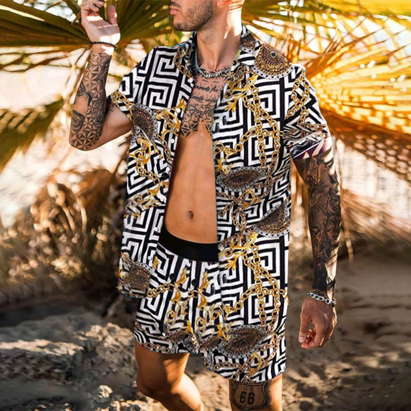 Herren Set: Kurzarmhemd mit Barockmuster und passende Shorts