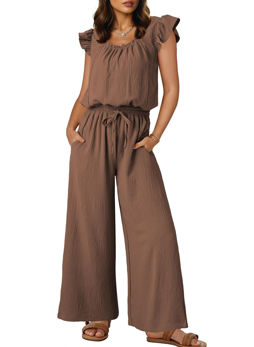 Damen-Crinkle-Jumpsuit mit weitem Bein, elastischem Bund und gerüschten Ärmeln