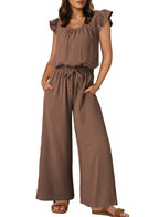 Damen-Crinkle-Jumpsuit mit weitem Bein, elastischem Bund und gerüschten Ärmeln