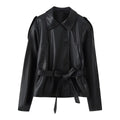 Damen Kunstlederjacke mit eleganten Knopfdetails und Gürteldesign EB