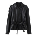 Damen Kunstlederjacke mit eleganten Knopfdetails und Gürteldesign EB