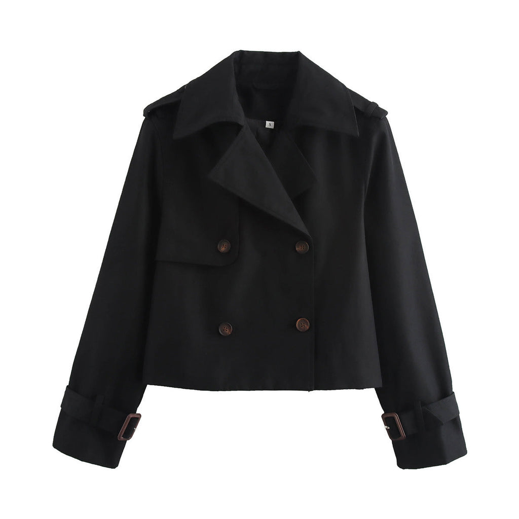 Damen nan kurzes Cropped-Trenchcoat mit doppelreihiger Knopfleiste, aufgesetzter Sturmschürze und verstellbaren Manschetten EB