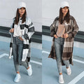Damen Langer Karo-Wintermantel mit knöpfbarem Design und lockerer Passform EB