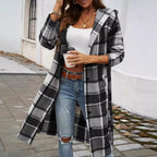Damen Karomuster Longjacke mit Kapuze EB