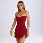Damen Bodycon Minikleid mit Spaghettiträgern und seitlichem Schlitz EB