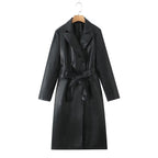 Damen Kunstleder Trenchcoat mit Taillengürtel und eleganter Taschennaht EB
