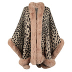 Damen kuscheliger Poncho mit luxuriösem Kunstfellbesatz und Leopardenmuster EB