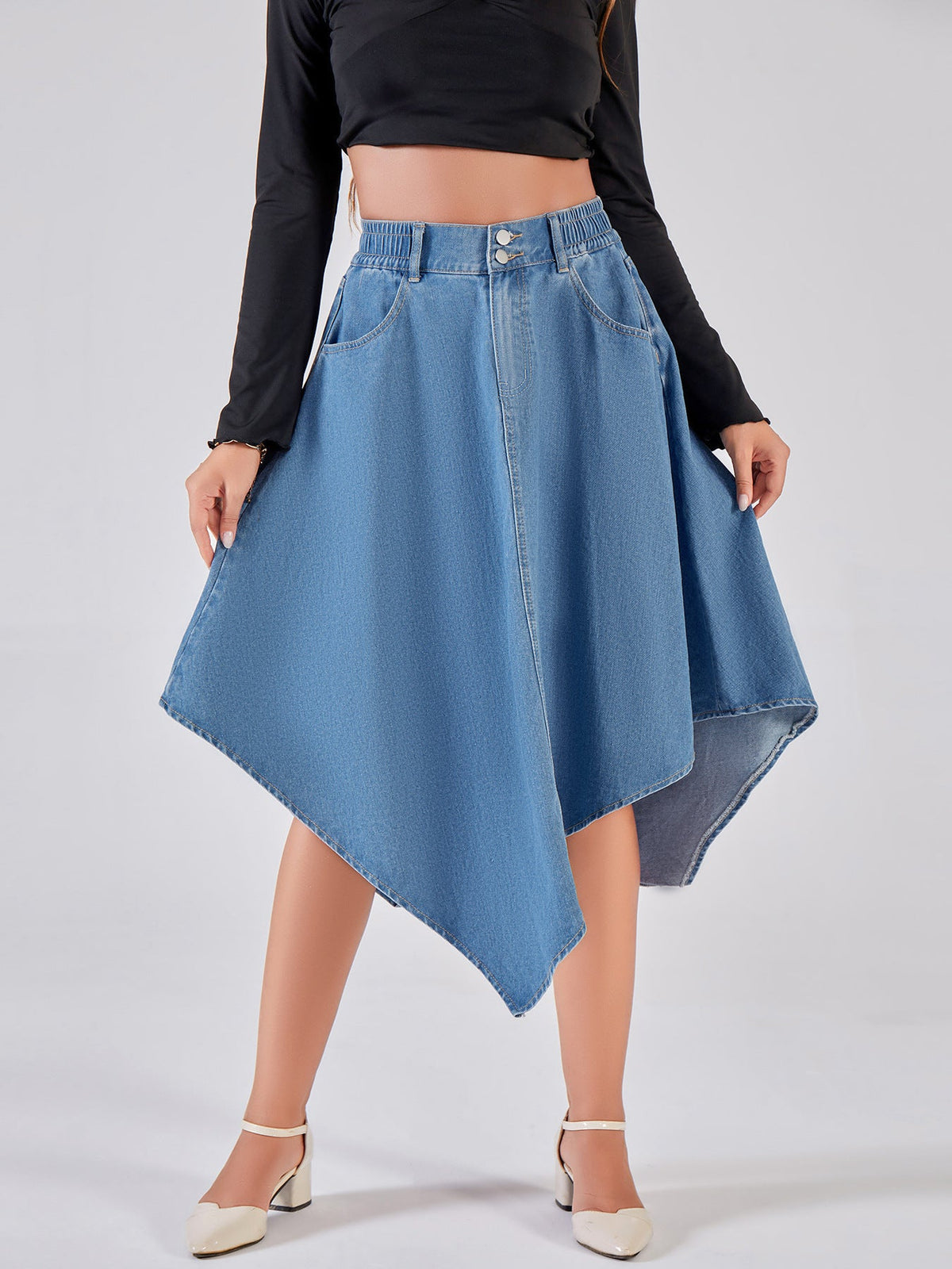 Damen asymmetrischer Denim-Rock mit attraktivem Saumdesign EB