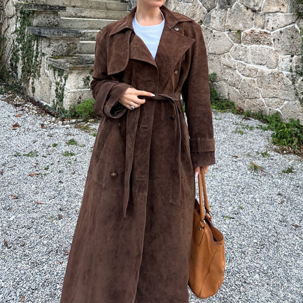 Damen Suede Trenchcoat mit Gürtel und eleganten Knopfdetails EB