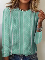 Damen lässiges Langarmshirt mit stylischem Punktmuster und vertikalen Streifen EB