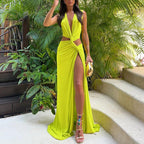 Damen Elegantes Cut-Out Maxikleid mit raffinierten Drapierungen und hohem Schlitz EB