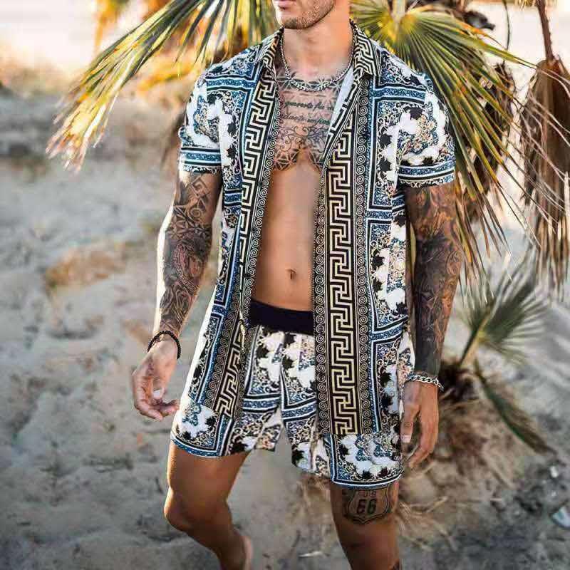 Herren Set: Kurzarmhemd mit Barockmuster und passende Shorts