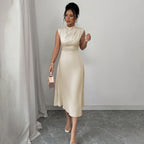 Damen elegantes ärmelloses Midi-Kleid mit drapiertem Ausschnitt EB