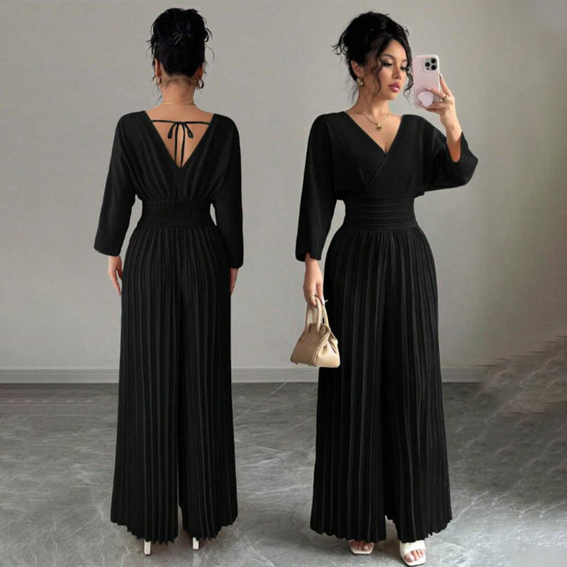Eleganter Damen-Plissee-Jumpsuit mit V-Ausschnitt
