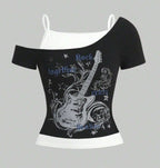 Damen Asymmetrisches Rock-T-Shirt mit grafischem Druck EB
