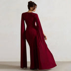 Damen Elegantes Maxikleid mit abnehmbarem Cape und seitlichem Schlitz EB