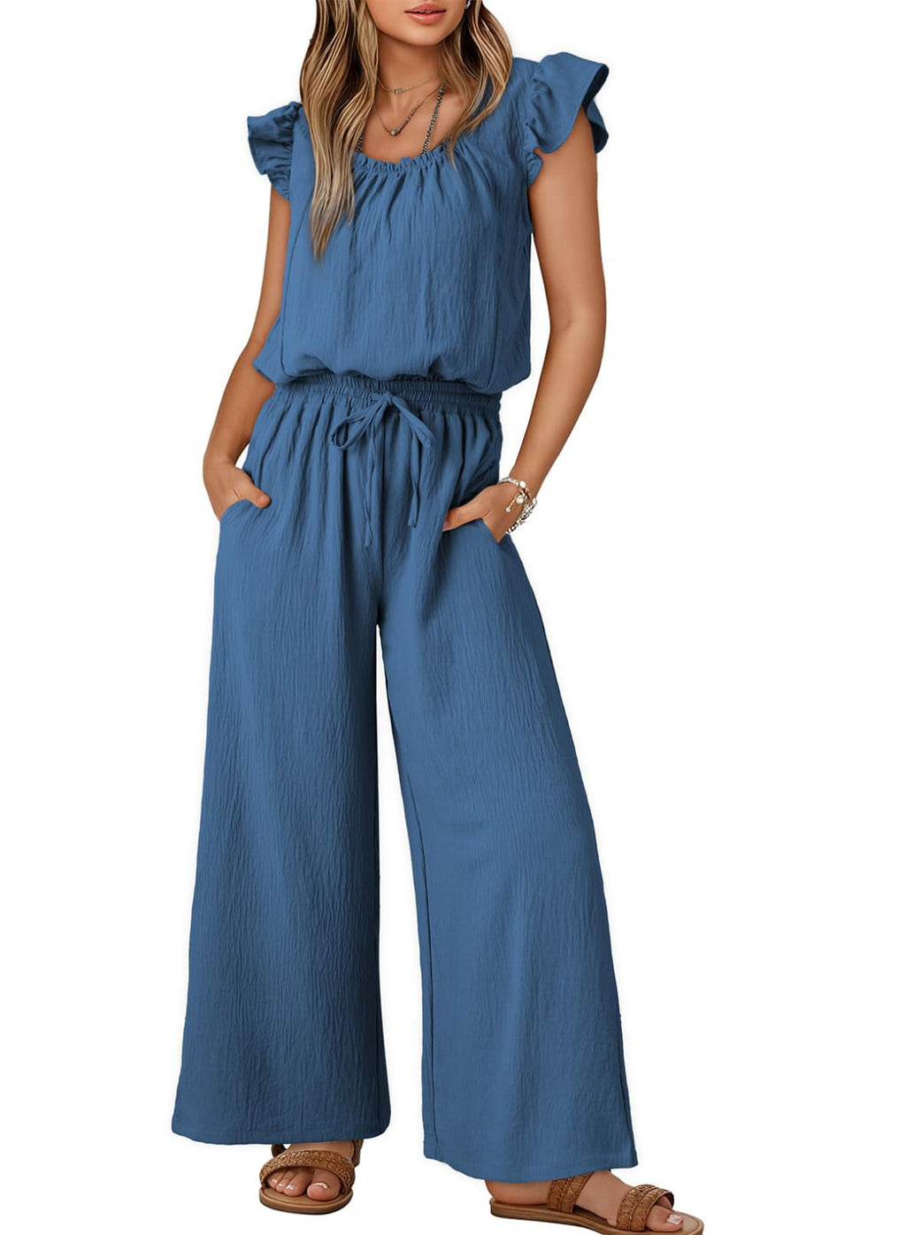 Damen-Crinkle-Jumpsuit mit weitem Bein, elastischem Bund und gerüschten Ärmeln