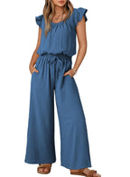Damen-Crinkle-Jumpsuit mit weitem Bein, elastischem Bund und gerüschten Ärmeln