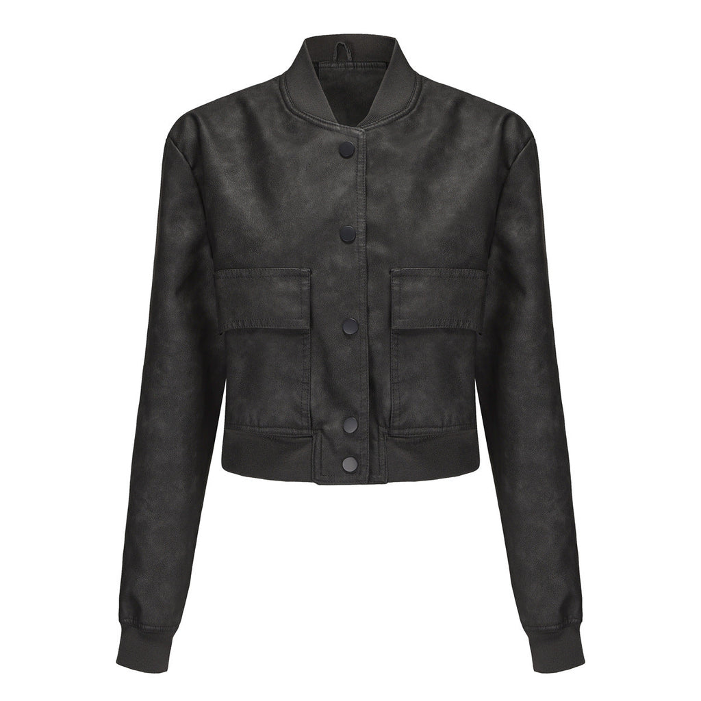 Damen Kunstleder Bomberjacke mit praktischen Taschen und elastischen Bündchen EB
