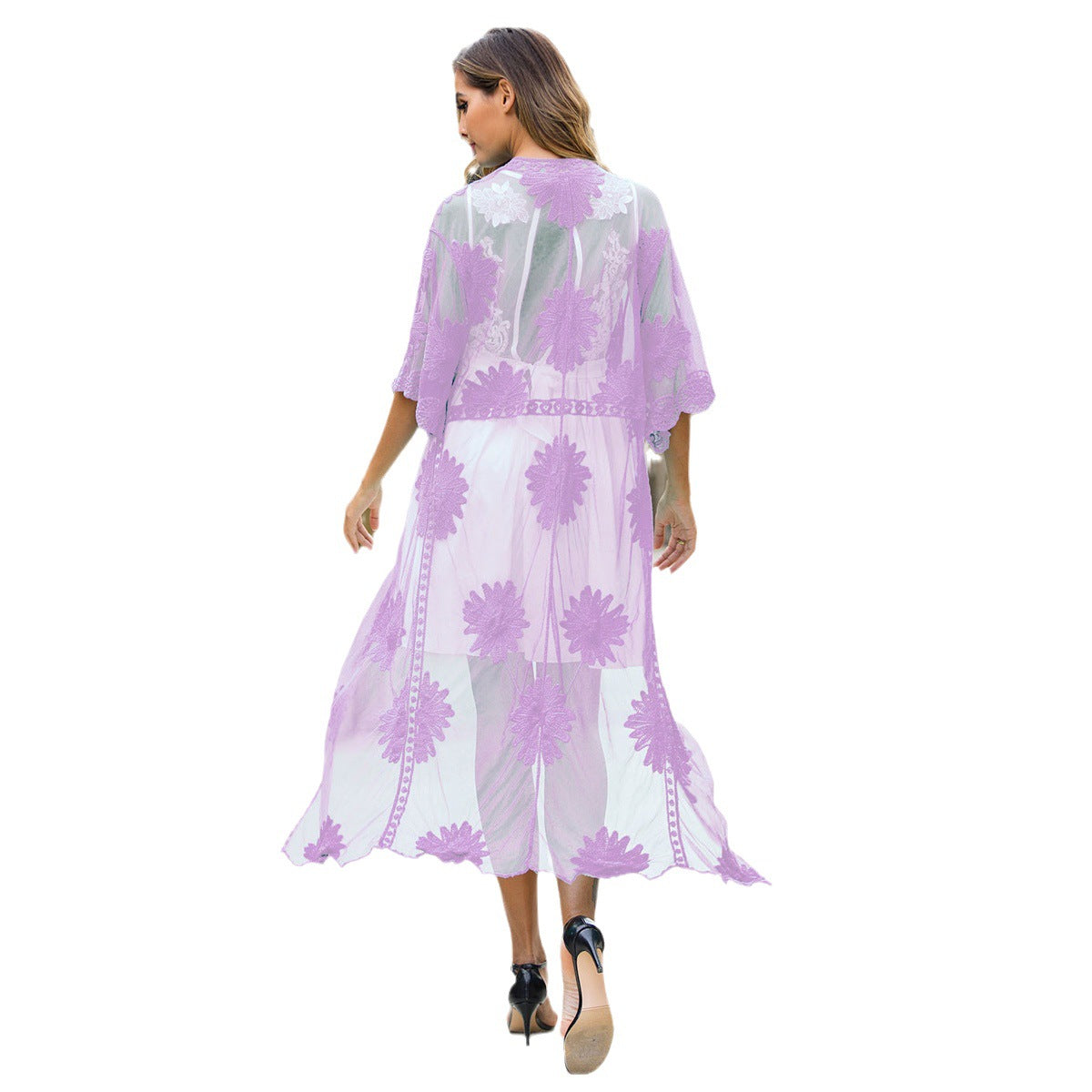 Damen elegante Häkel-Strandrobe mit floralen Details und tiefem V-Ausschnitt EB