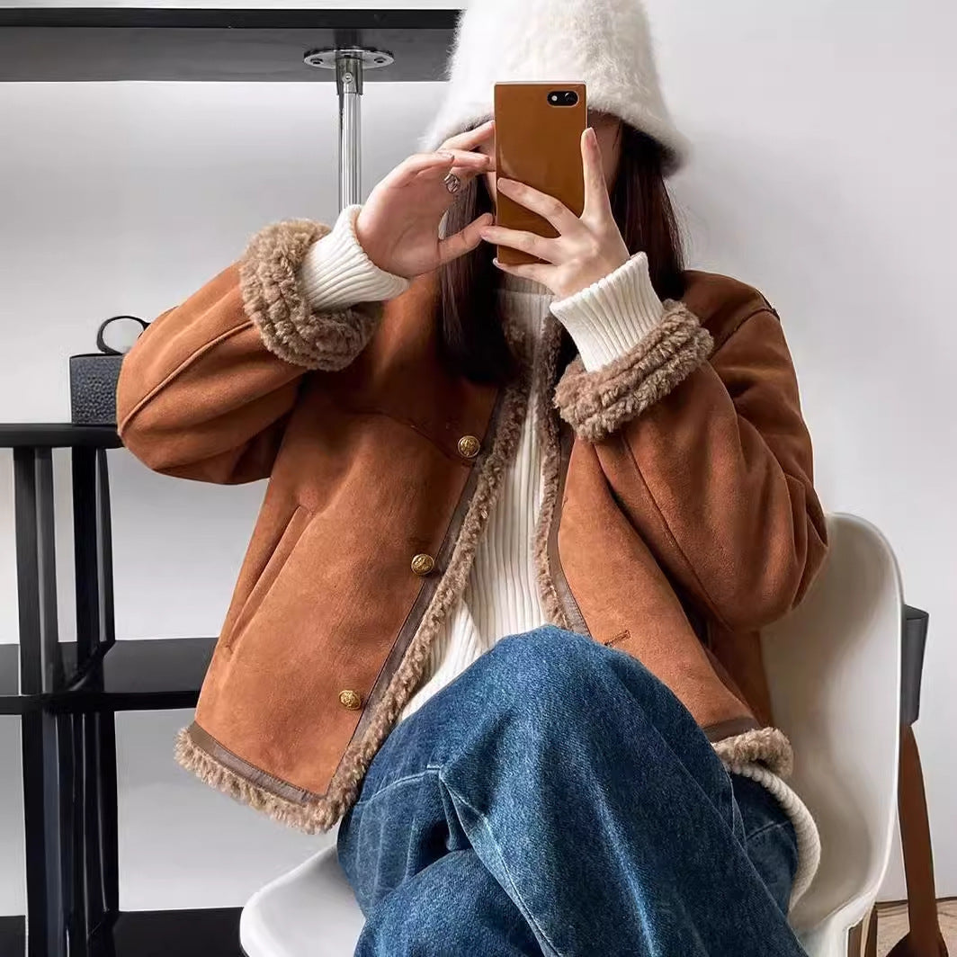 Damen Kunstlederjacke mit kuscheligem Teddyfutter EB