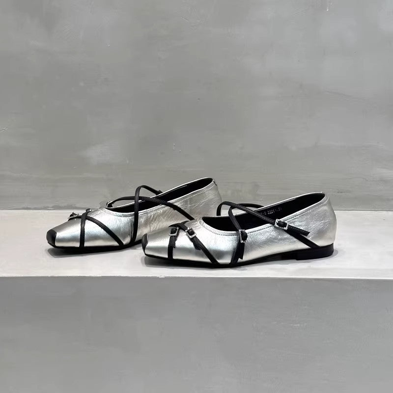 Damen elegante Ballerinas mit modischen Riemchen und exquisite Schnallenverzierung EB