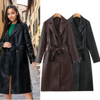 Damen Kunstleder Trenchcoat mit Taillengürtel und eleganter Taschennaht EB