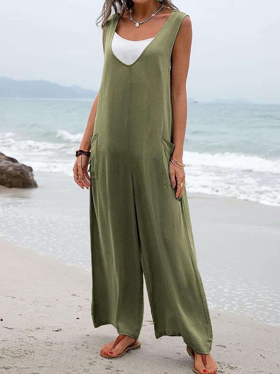 Damen Lässiger Jumpsuit mit tiefem V-Ausschnitt und praktischen Taschen EB