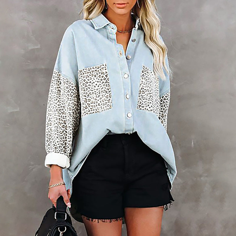 Damen Overshirt mit Leopardenmuster und modischen Buttons EB