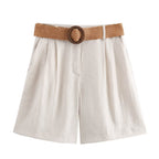Damen elegante Shorts mit breitem, geflochtenem Gürtel EB