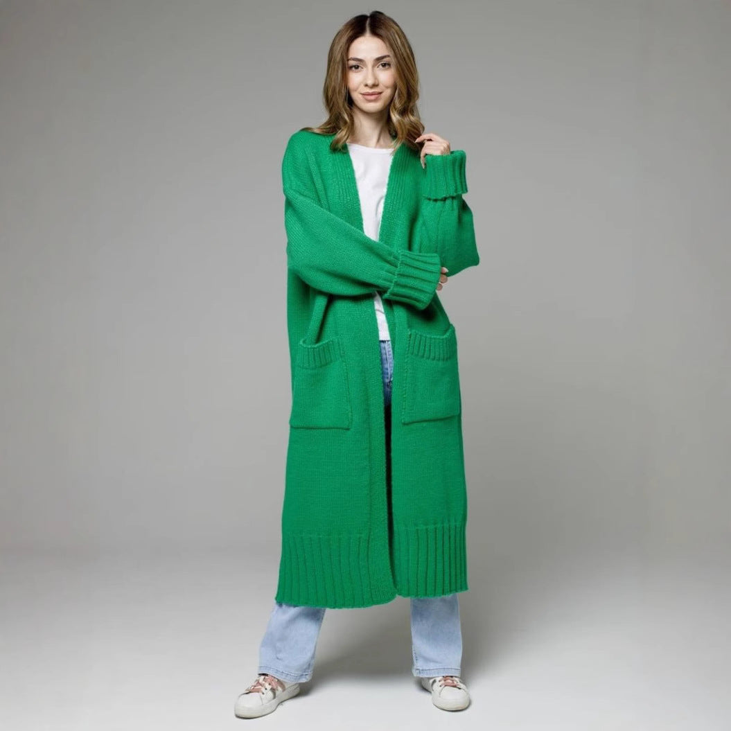 Damen Langer Strickmantel mit praktischen Taschen und strukturiertem Design EB