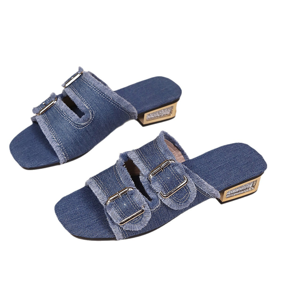 Damen Designer-Pantoletten mit modischen Schnallen und fransigem Denim- Obermaterial EB