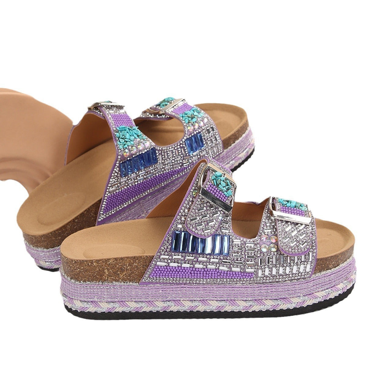 Damen bequeme Sandalen mit dekorativen Steinen und breiten Riemen EB