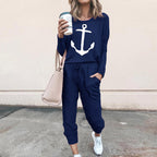 Damen lässiger Jumpsuit mit maritimem Anker-Print und praktischen Taschen EB