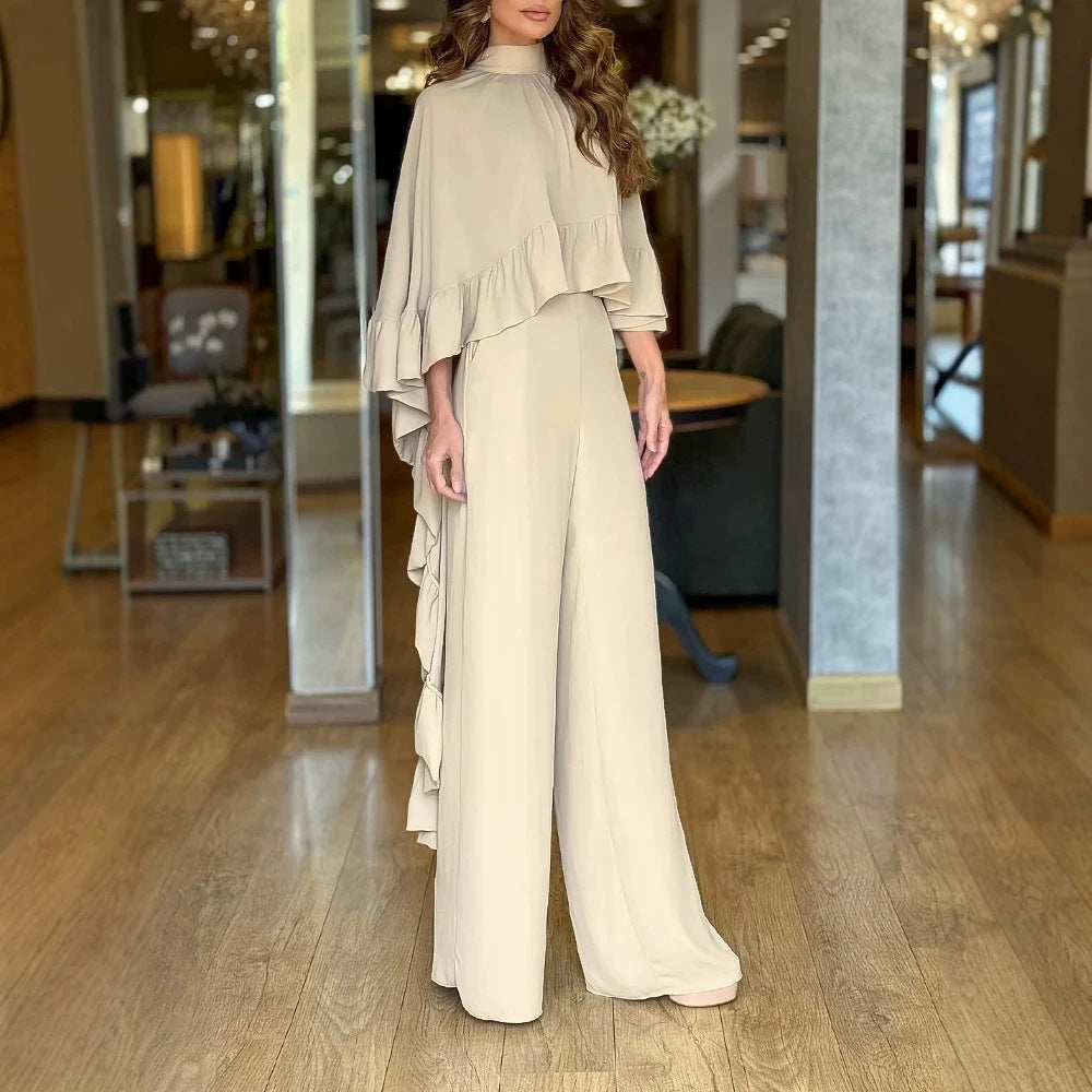 Eleganter Damen-Jumpsuit mit Cape-Rüsche und weitem Palazzo-Bein