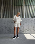 Damen lässiges Oberteil und Shorts-Set mit V-Ausschnitt und weitem Schnitt EB