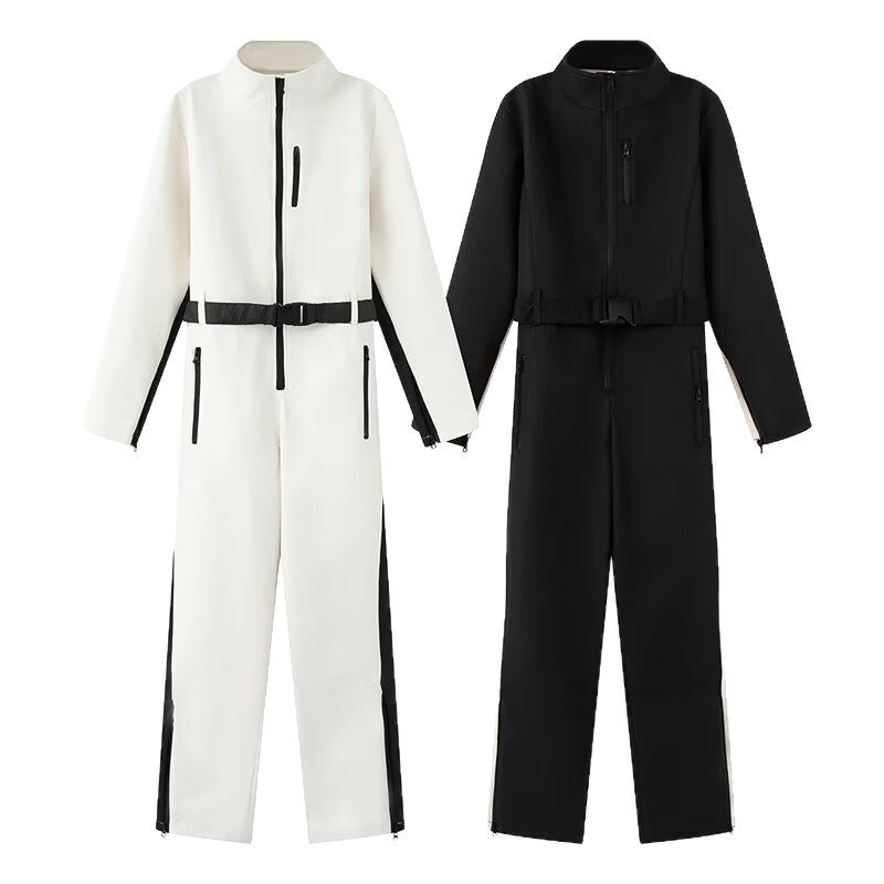 Damen-Utility-Overall mit hohem Kragen, Reißverschlüssen und Taillengürtel